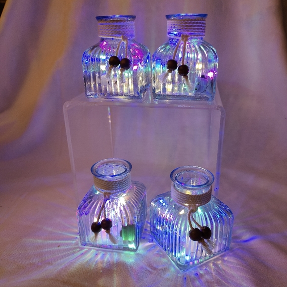Square Ribbed Glass Bottles with Rainbow Lights - Set of 4 - Picture 1 of 7